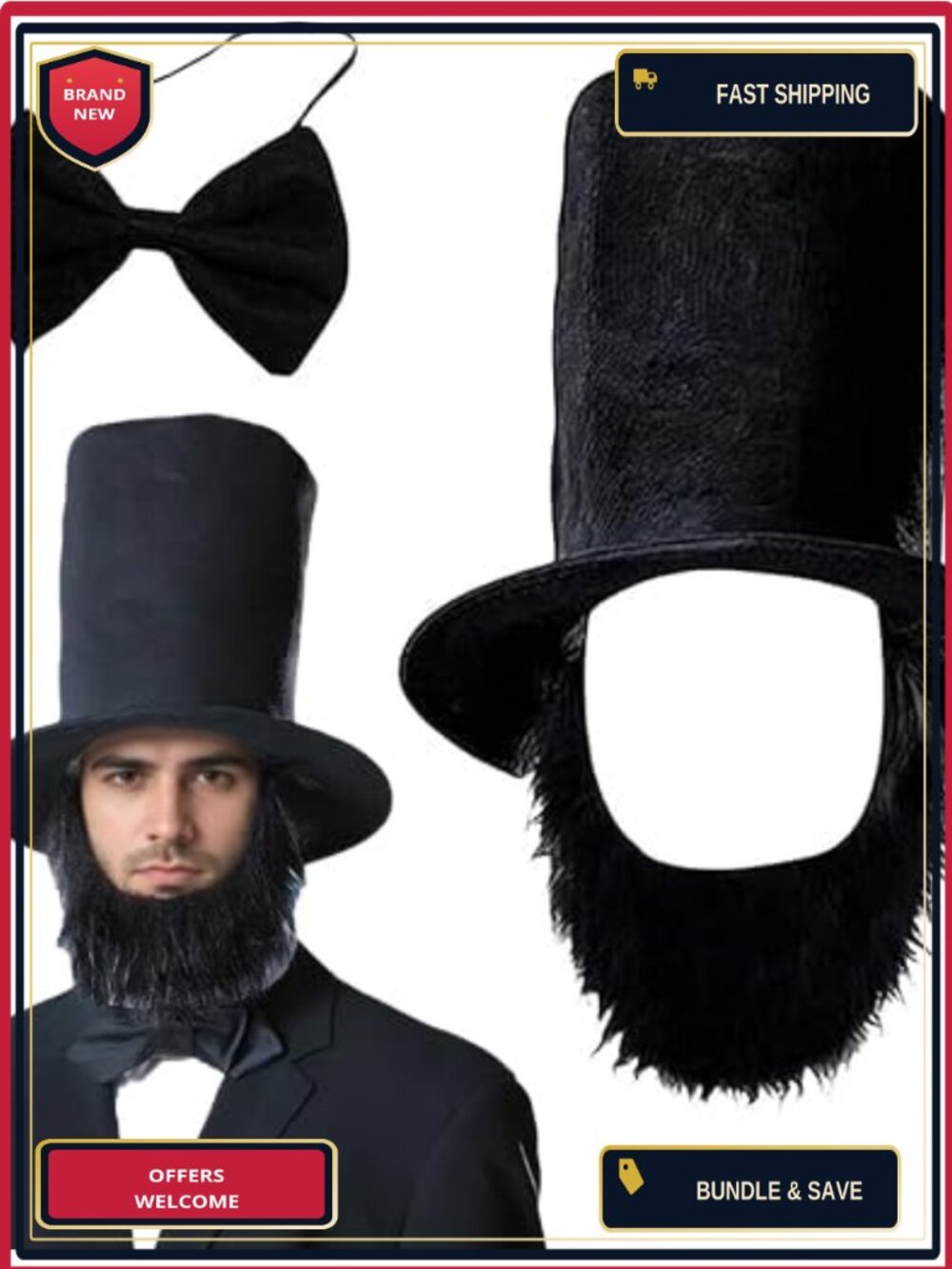 3PC President Top Hat Necktie Beard Set Gentleman Costume Accessory